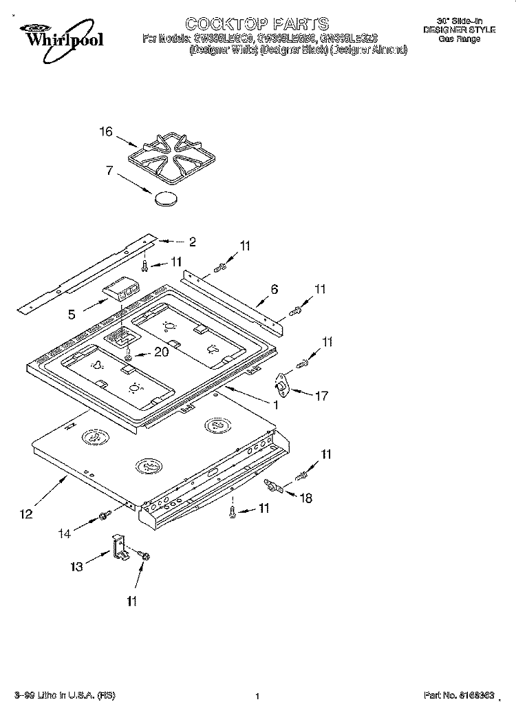 COOKTOP Diagram and Parts List for GW395LEGZ0  Whirlpool Range