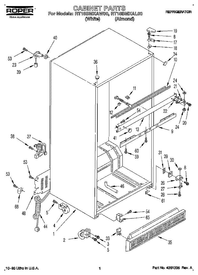 CABINET Diagram and Parts List for RT18BMXAW00  Roper Refrigerator
