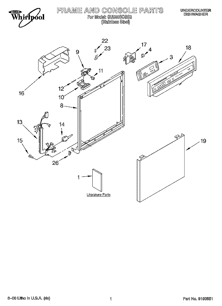 FRAME AND CONSOLE, LITERATURE Diagram and Parts List for GU980SCGS3  Whirlpool Dishwasher