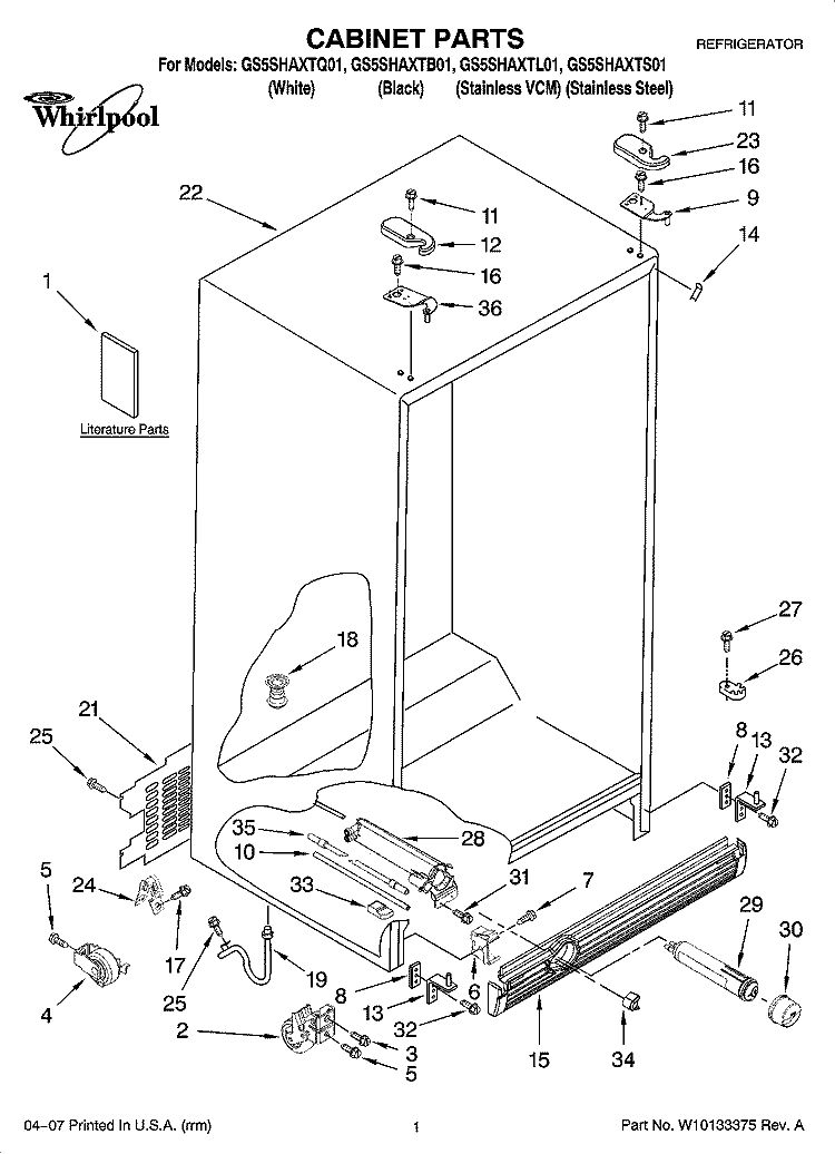 CABINET PARTS Diagram and Parts List for GS5SHAXTL01  Whirlpool Refrigerator