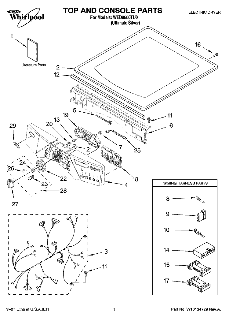 TOP AND CONSOLE PARTS Diagram and Parts List for WED9500TU0  Whirlpool Dryer