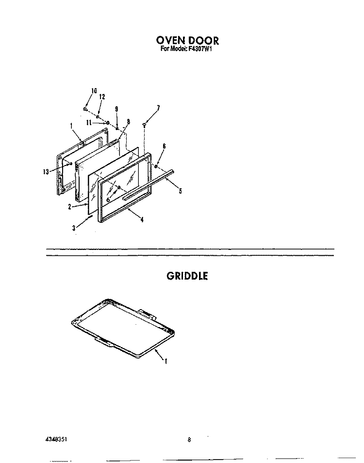OVEN DOOR , GRIDDLE Diagram and Parts List for F4307W1  Roper Range