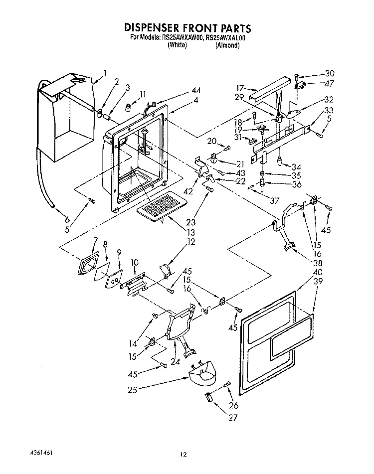 DISPENSER FRONT Diagram and Parts List for RS25AWXAW00  Roper Refrigerator