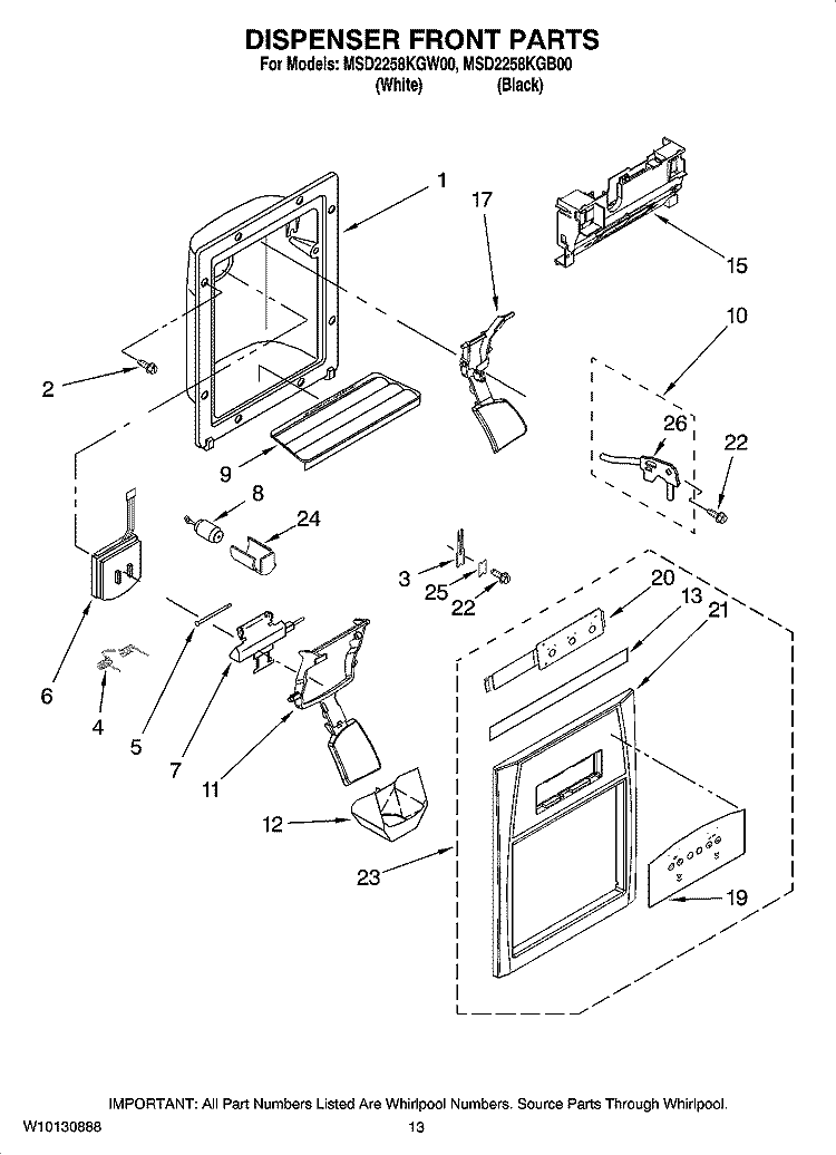 DISPENSER FRONT PARTS Diagram and Parts List for MSD2258KGW00  Whirlpool Refrigerator