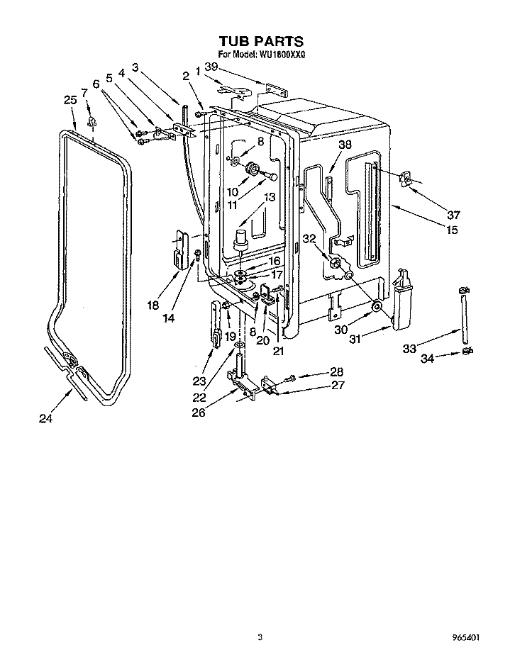 TUB Diagram and Parts List for WU1800XX0  Roper Dishwasher