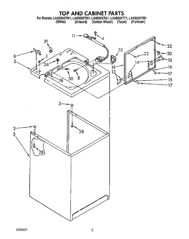 TOP AND CABINET, LIT/OPTIONAL Diagram and Parts List for LA9500XTN1  Whirlpool Washer