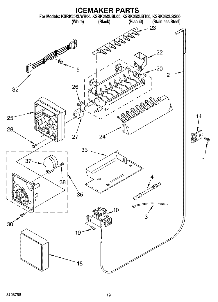 ICEMAKER PARTS, PARTS NOT ILLUSTRATED Diagram and Parts List for KSRK25XLBT00  KitchenAid Refrigerator