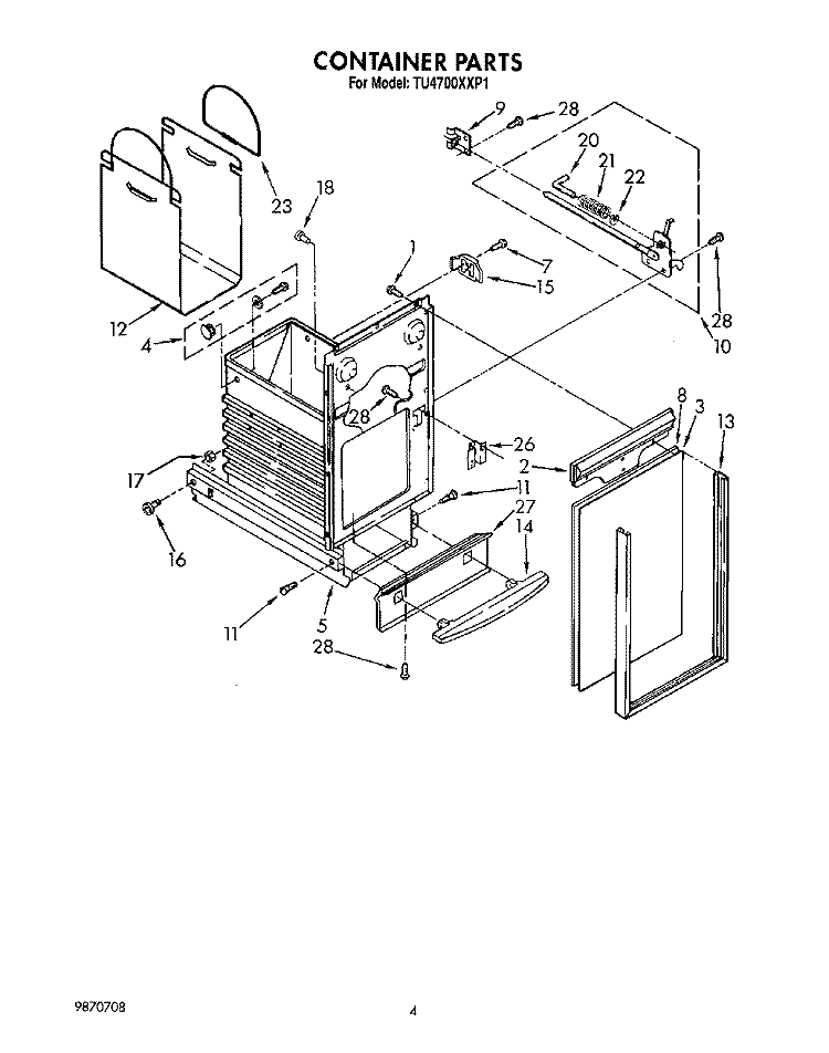 CONTAINER Diagram and Parts List for TU4700XXP1  Whirlpool Trash Compactor