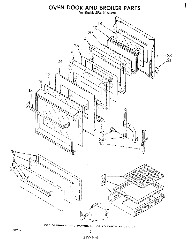 OVEN DOOR AND BROILER Diagram and Parts List for SF310PSKW0  Whirlpool Range