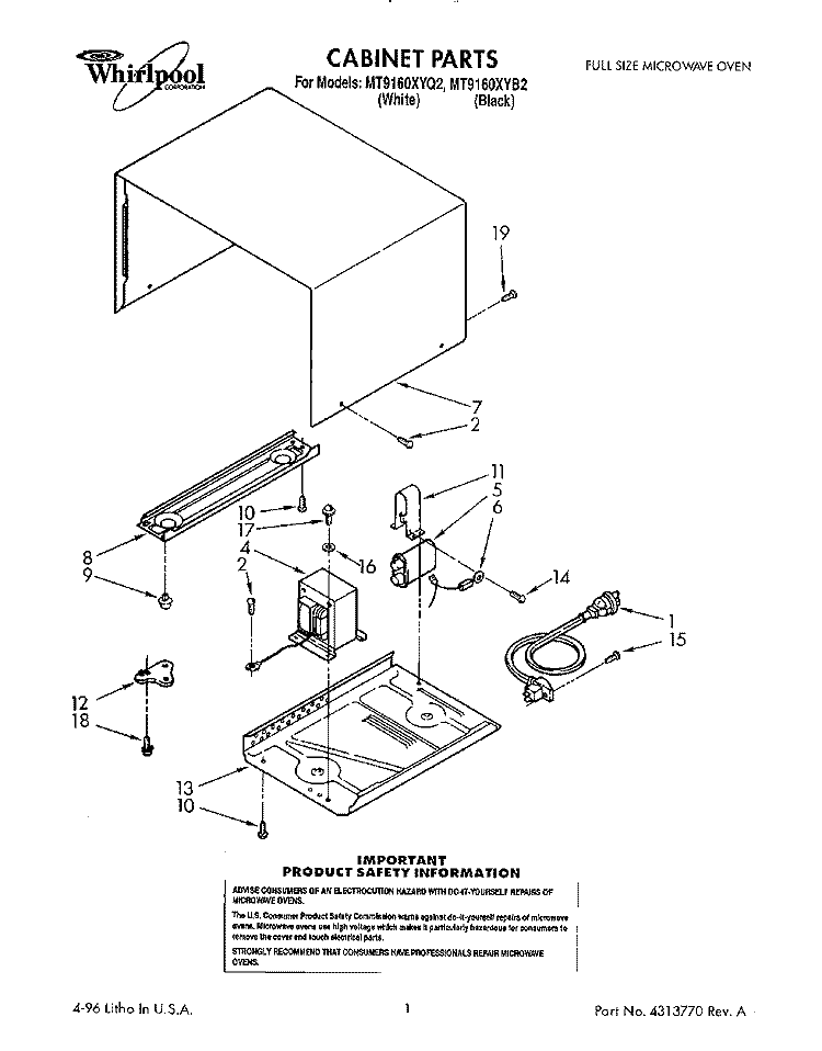 CABINET Diagram and Parts List for MT9160XYB2  Whirlpool Microwave