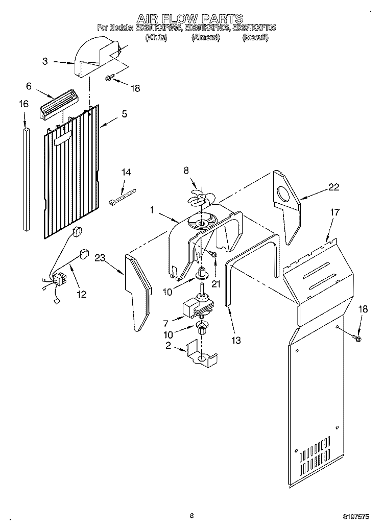 AIR FLOW Diagram and Parts List for ED20TKXFN05  Whirlpool Refrigerator