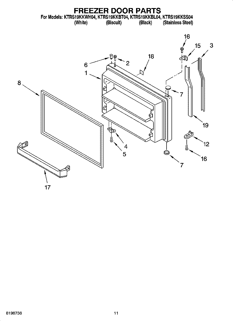 FREEZER DOOR PARTS, OPTIONAL PARTS Diagram and Parts List for KTRS19KKBL04  KitchenAid Refrigerator