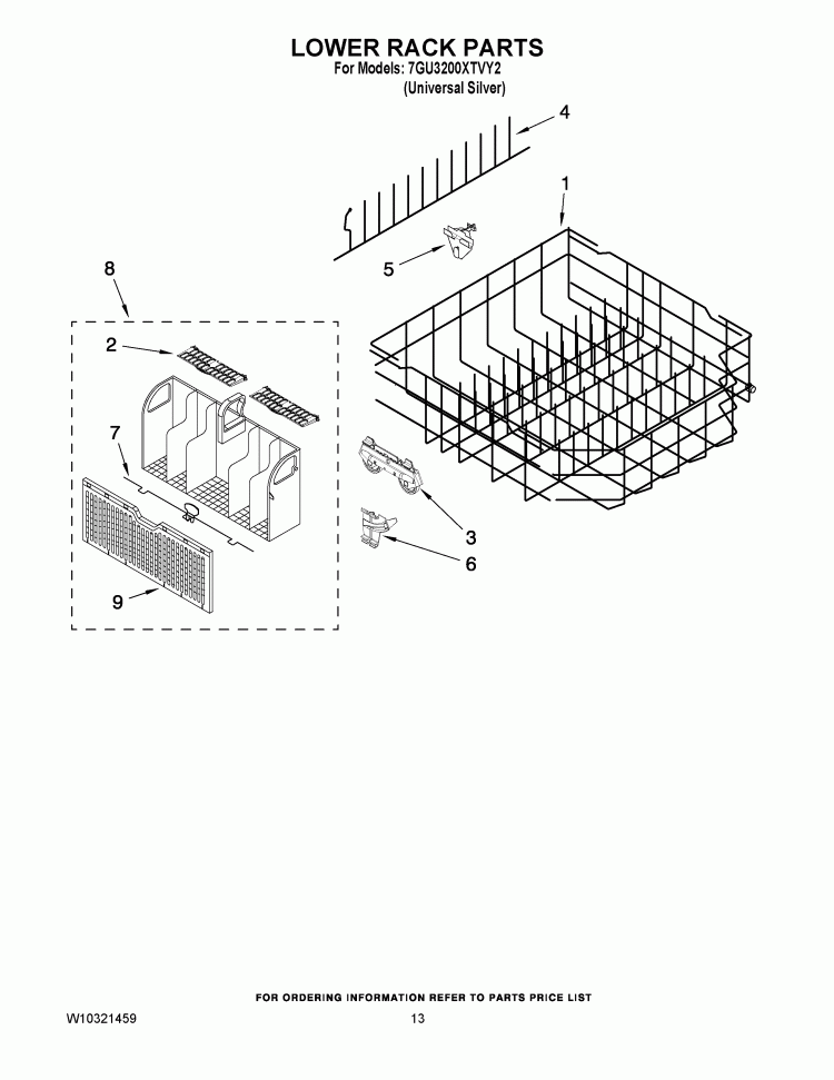 LOWER RACK PARTS Diagram and Parts List for 7GU3200XTVY2  Whirlpool Dishwasher