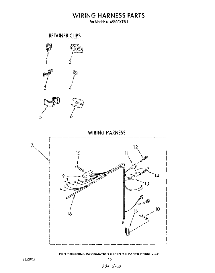 WIRING HARNESS Diagram and Parts List for 6LA5800XTF1  Whirlpool Washer