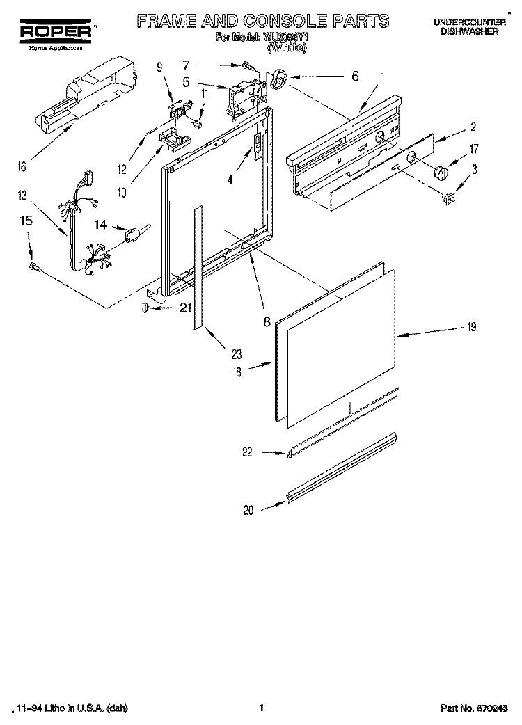 FRAME AND CONSOLE Diagram and Parts List for WU3056Y1  Roper Dishwasher