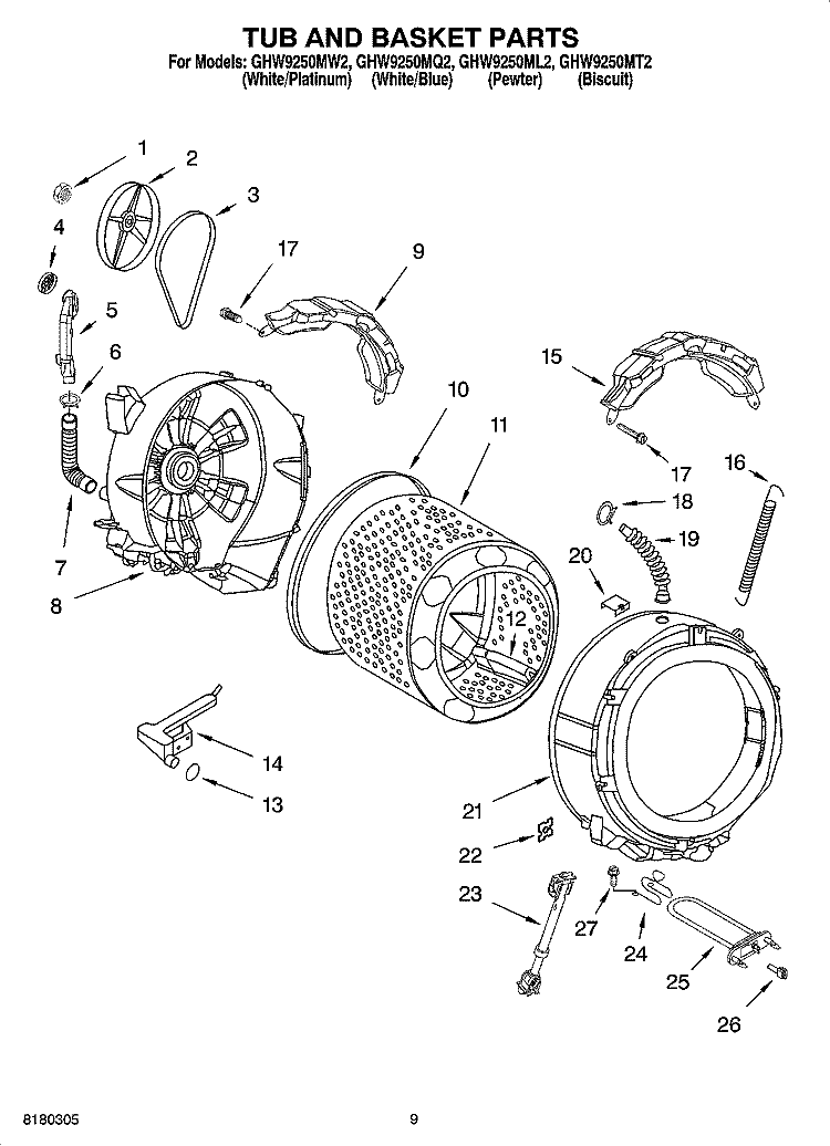 TUB AND BASKET PARTS Diagram and Parts List for GHW9250ML2  Whirlpool Washer