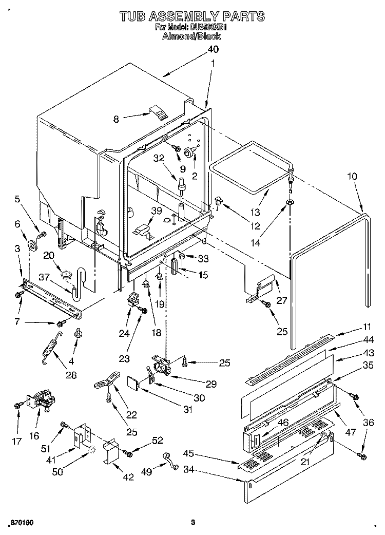TUB ASSEMBLY Diagram and Parts List for DU8500XB1  Whirlpool Dishwasher