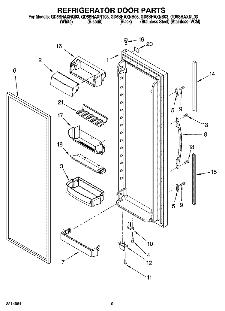 REFRIGERATOR DOOR PARTS Diagram and Parts List for GD5SHAXNS03  Whirlpool Refrigerator