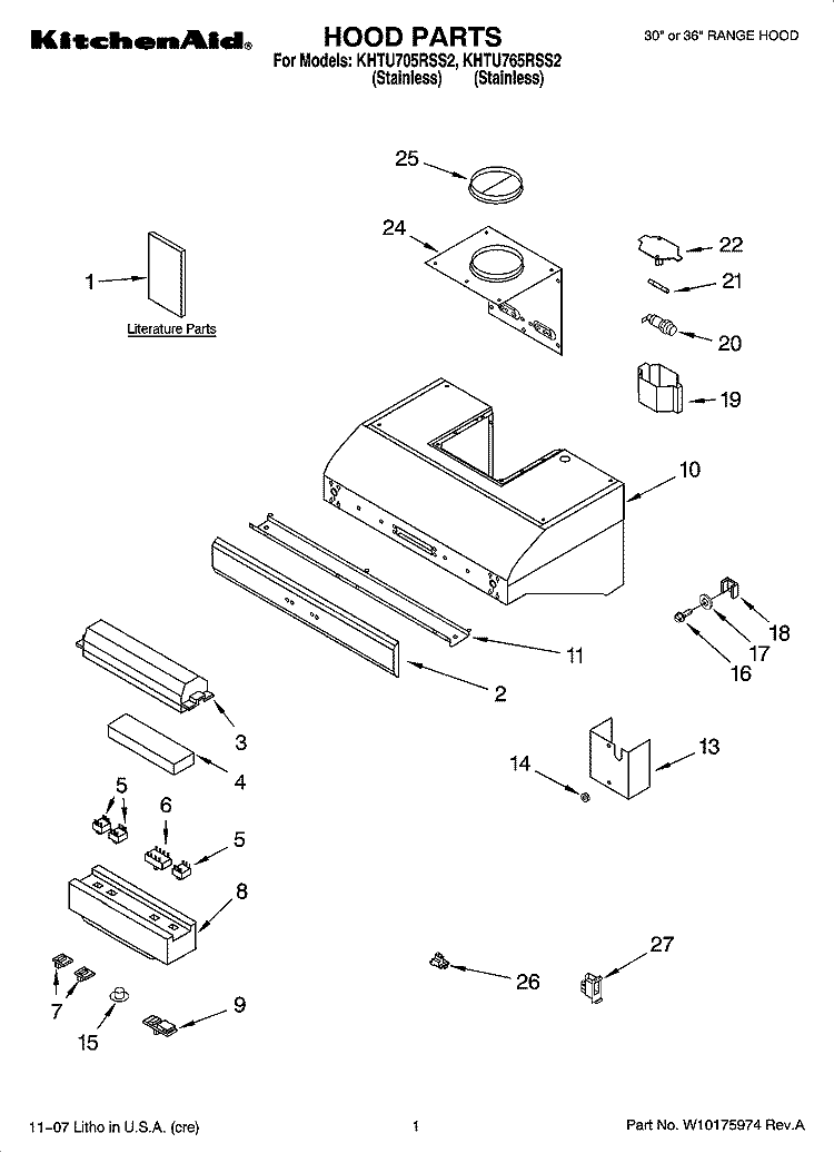 HOOD PARTS Diagram and Parts List for KHTU705RSS2  KitchenAid Range Hood