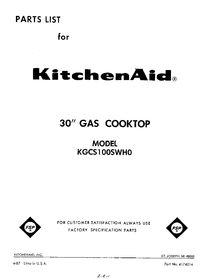 COVER Diagram and Parts List for KGCS100SWH0  KitchenAid Cooktop