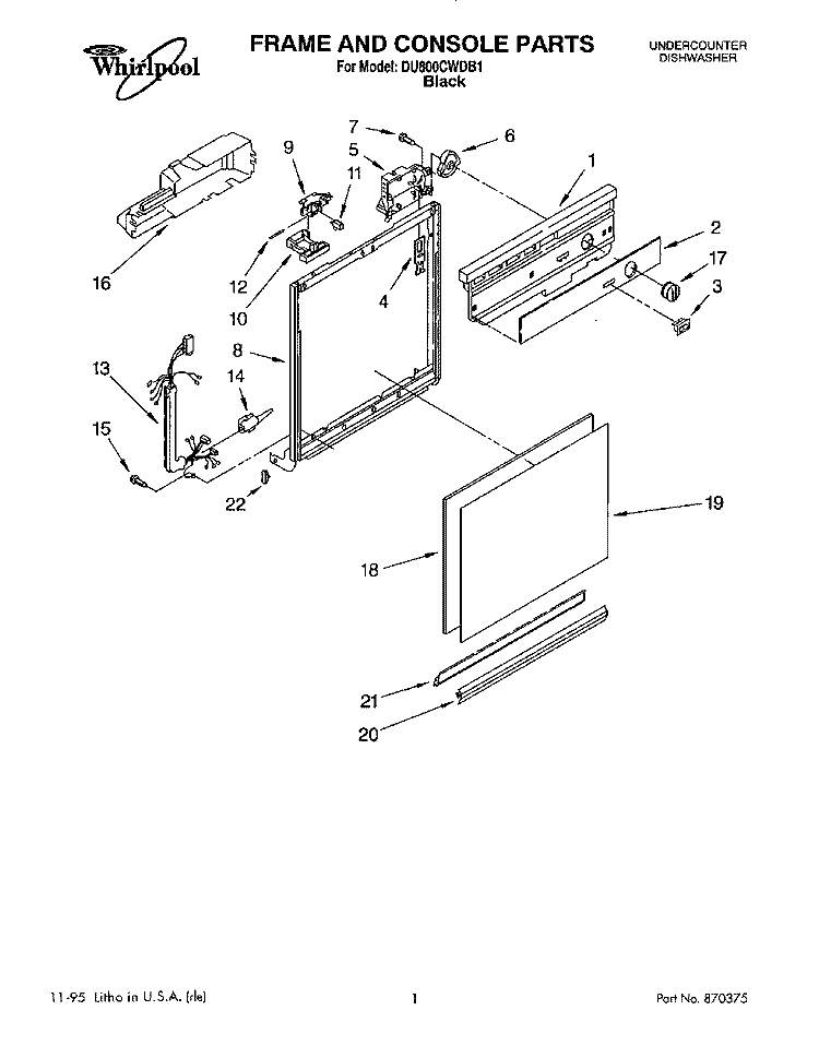 FRAME AND CONSOLE Diagram and Parts List for DU800CWDB1  Whirlpool Dishwasher
