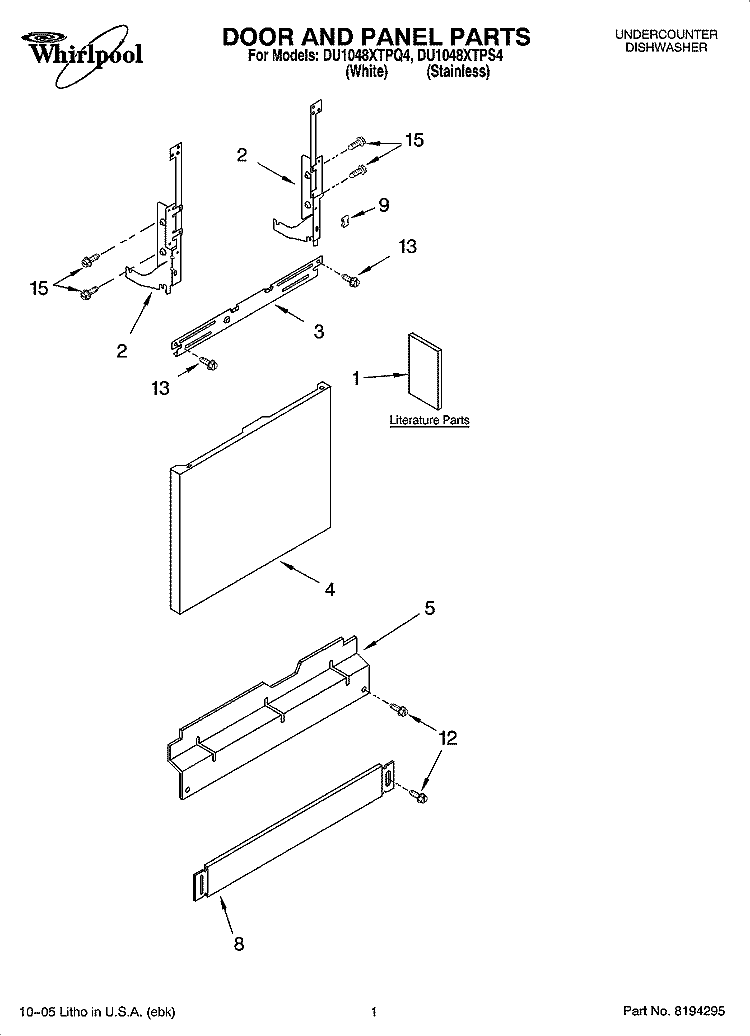 DOOR AND PANEL PARTS Diagram and Parts List for DU1048XTPS4  Whirlpool Dishwasher