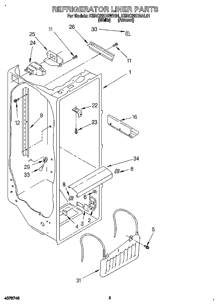 REFRIGERATOR LINER Diagram and Parts List for KSRC22DBWH01  KitchenAid Refrigerator