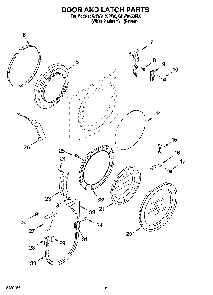 DOOR AND LATCH PARTS Diagram and Parts List for GHW9460PL0  Whirlpool Washer