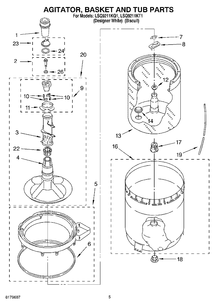 AGITATOR, BASKET AND TUB Diagram and Parts List for LSQ9211KT1  Whirlpool Washer