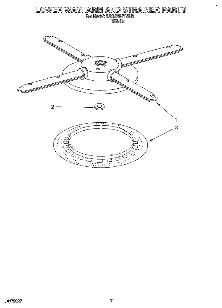 LOWER WASHARM AND STRAINER Diagram and Parts List for KUDJ23HYWH3  KitchenAid Dishwasher