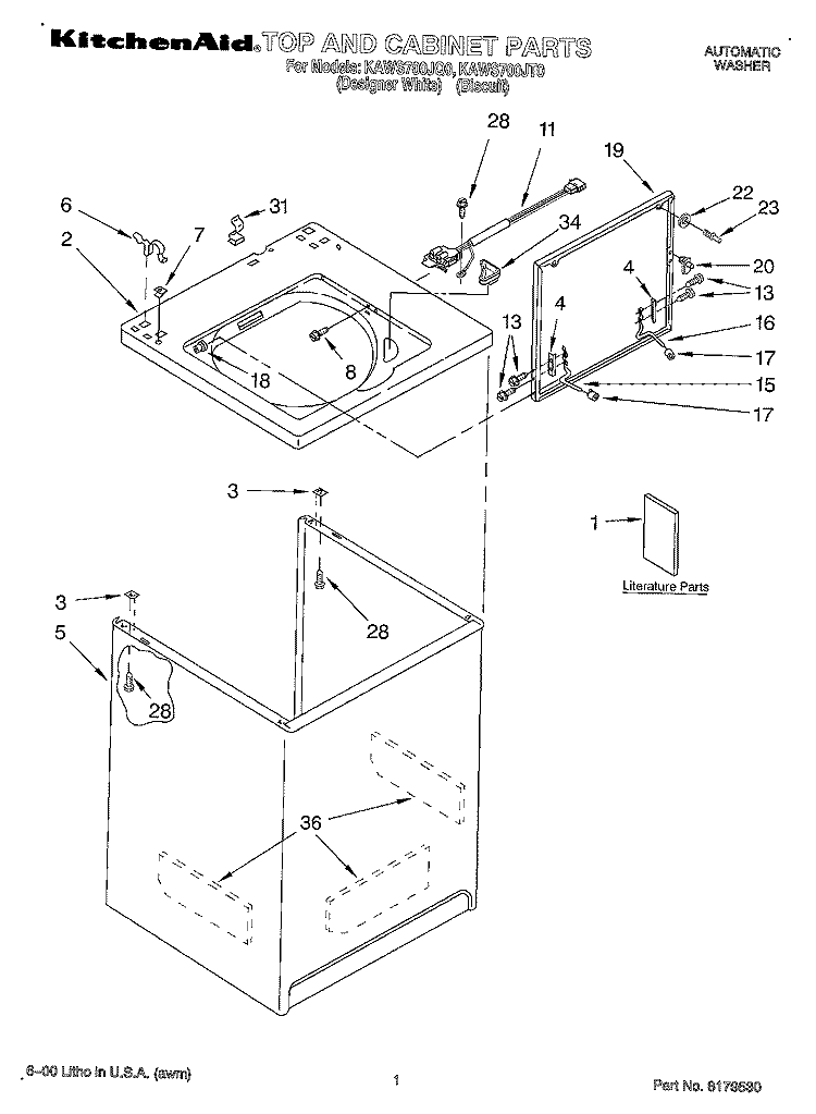 TOP AND CABINET, LITERATURE Diagram and Parts List for KAWS700JQ0  KitchenAid Washer