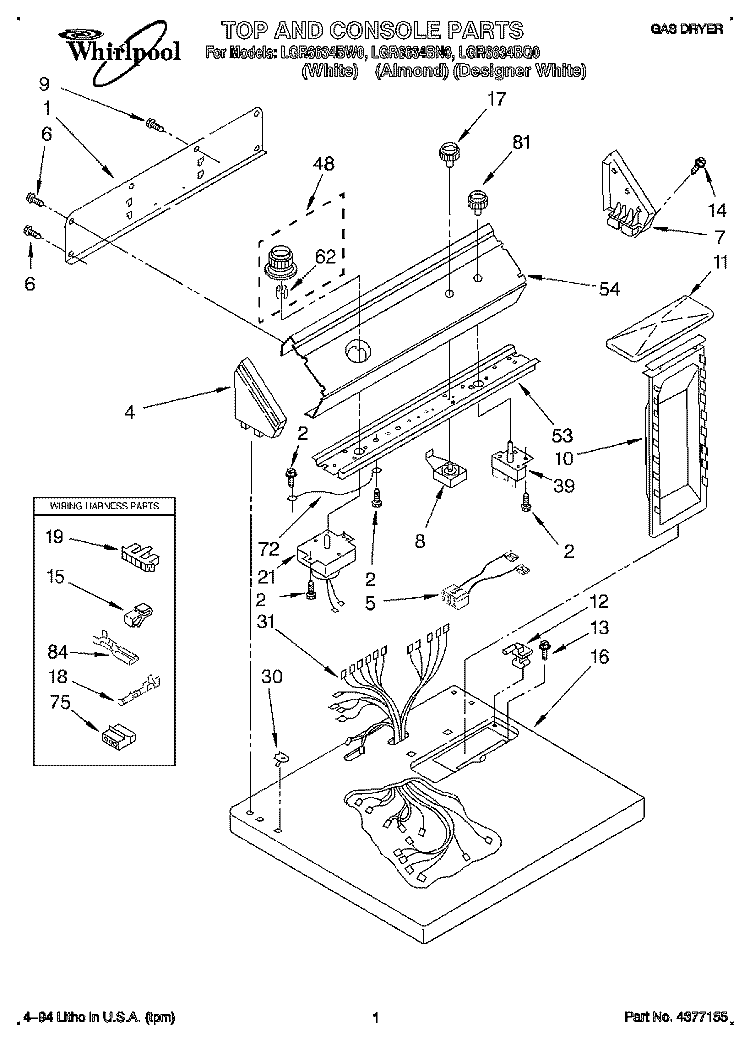 TOP AND CONSOLE, LIT/OPTIONAL Diagram and Parts List for LGR6634BN0  Whirlpool Dryer
