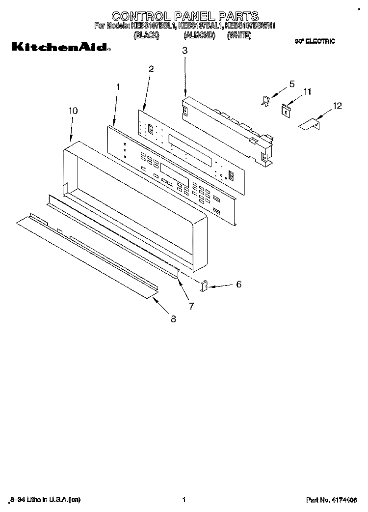 CONTROL PANEL Diagram and Parts List for KEBS107BAL1  KitchenAid Wall Oven