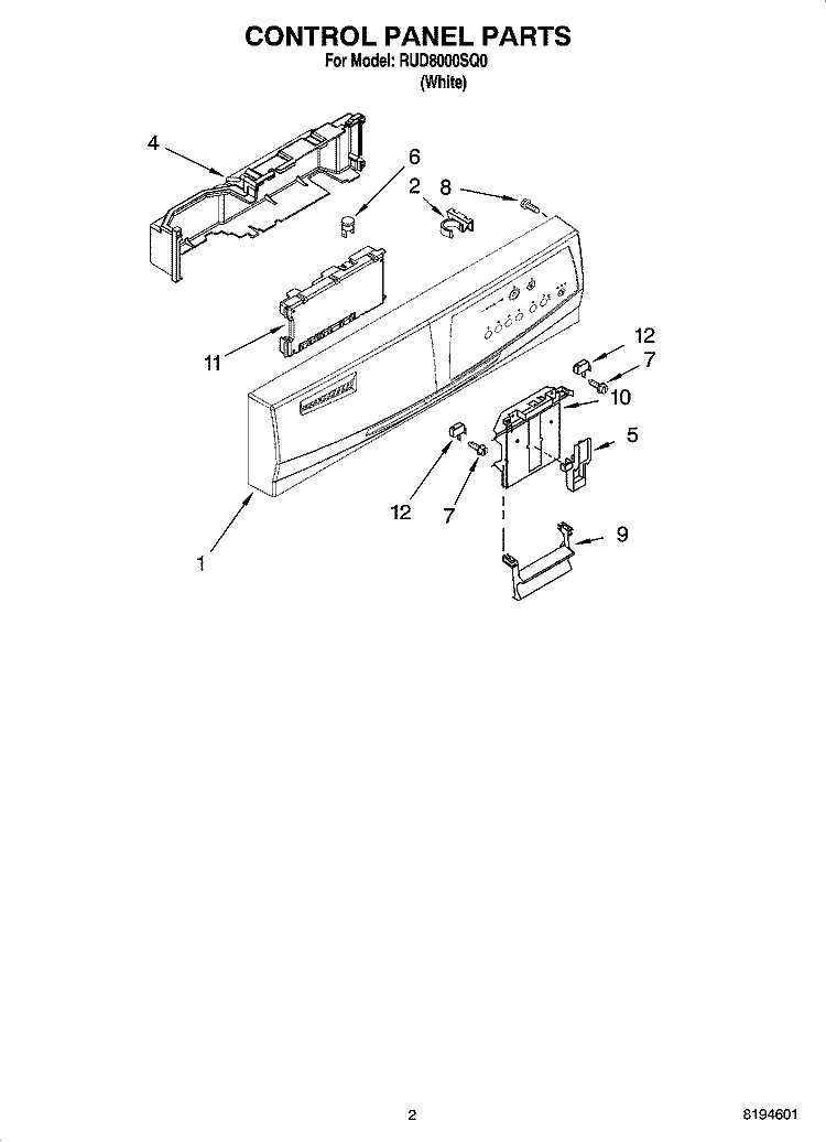 CONTROL PANEL PARTS Diagram and Parts List for RUD8000SQ0  Roper Dishwasher
