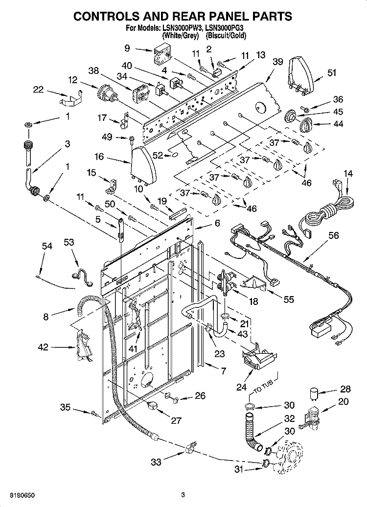 CONTROLS AND REAR PANEL PARTS Diagram and Parts List for LSN3000PG3  Whirlpool Washer