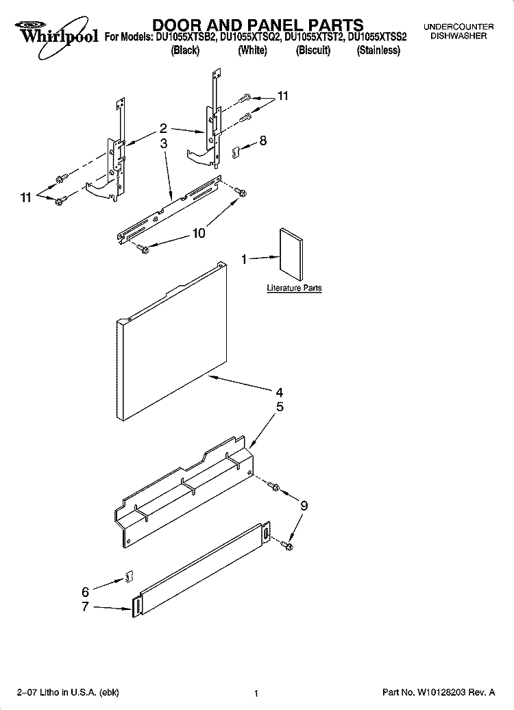 DOOR AND PANEL PARTS Diagram and Parts List for DU1055XTST2  Whirlpool Dishwasher