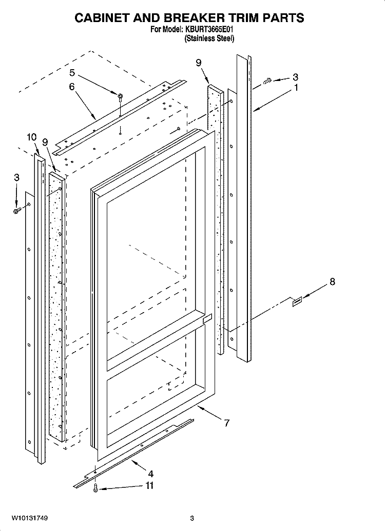 CABINET AND BREAKER TRIM PARTS Diagram and Parts List for KBURT3665E01  KitchenAid Refrigerator