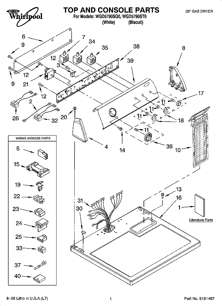 TOP AND CONSOLE PARTS Diagram and Parts List for WGD5790ST0  Whirlpool Dryer