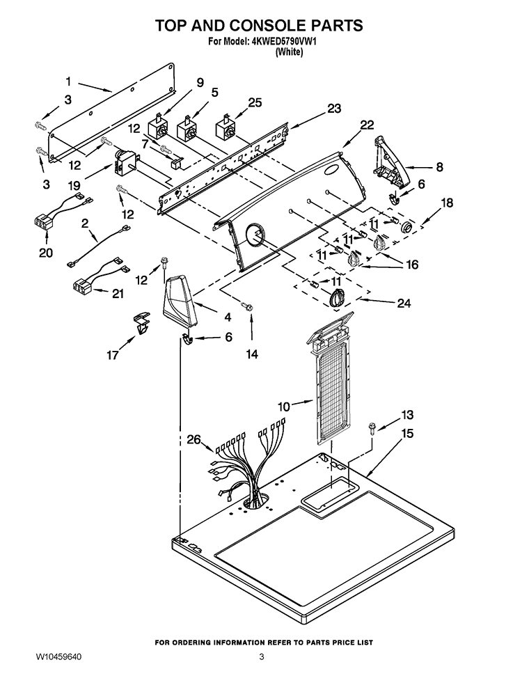 TOP AND CONSOLE PARTS Diagram and Parts List for 4KWED5790VW1  Whirlpool Dryer