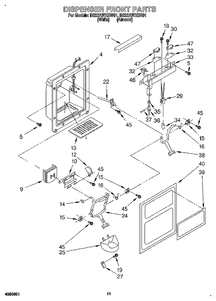 DISPENSER FRONT Diagram and Parts List for RS22AWXEN01  Roper Refrigerator