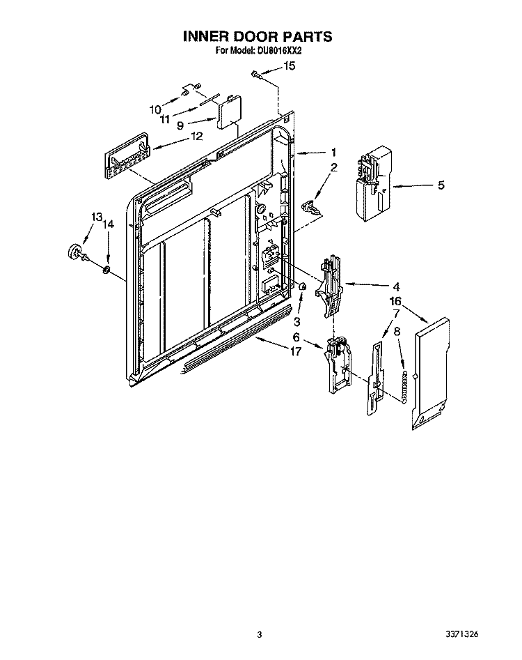 INNER DOOR Diagram and Parts List for DU8016XX2  Whirlpool Dishwasher