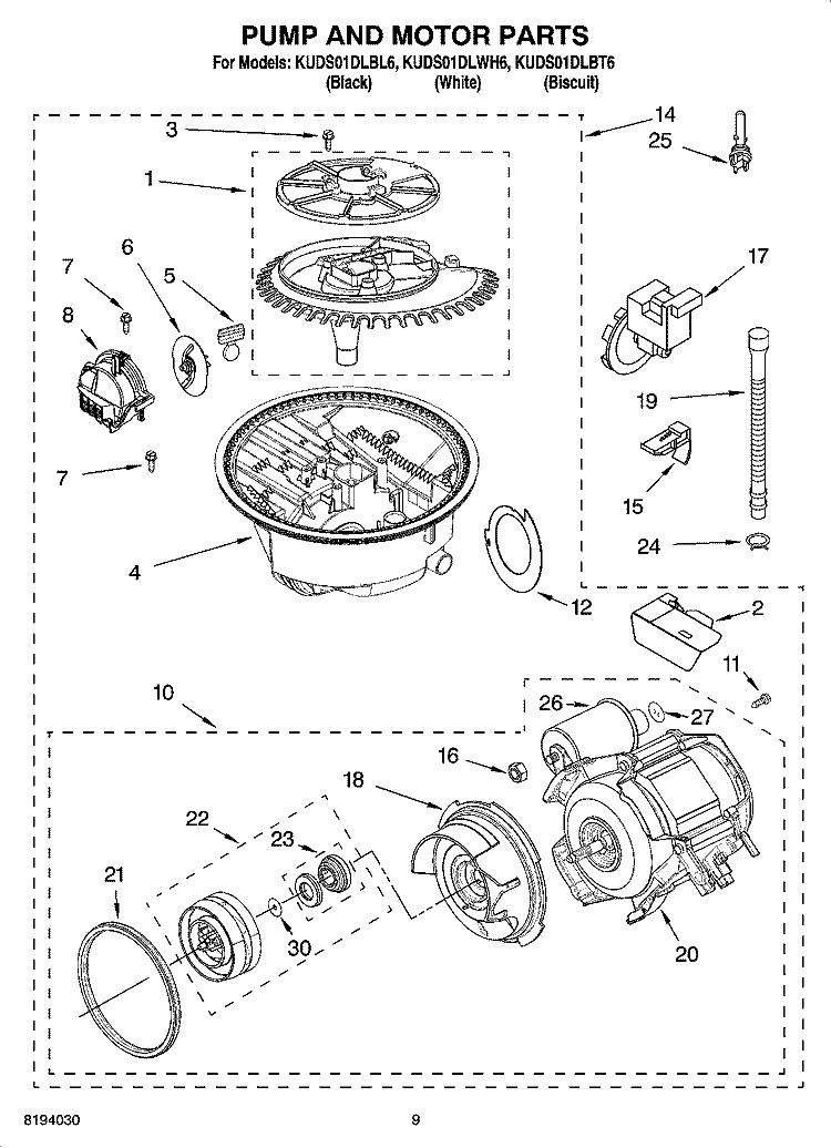 PUMP AND MOTOR PARTS Diagram and Parts List for KUDS01DLWH6  KitchenAid Dishwasher