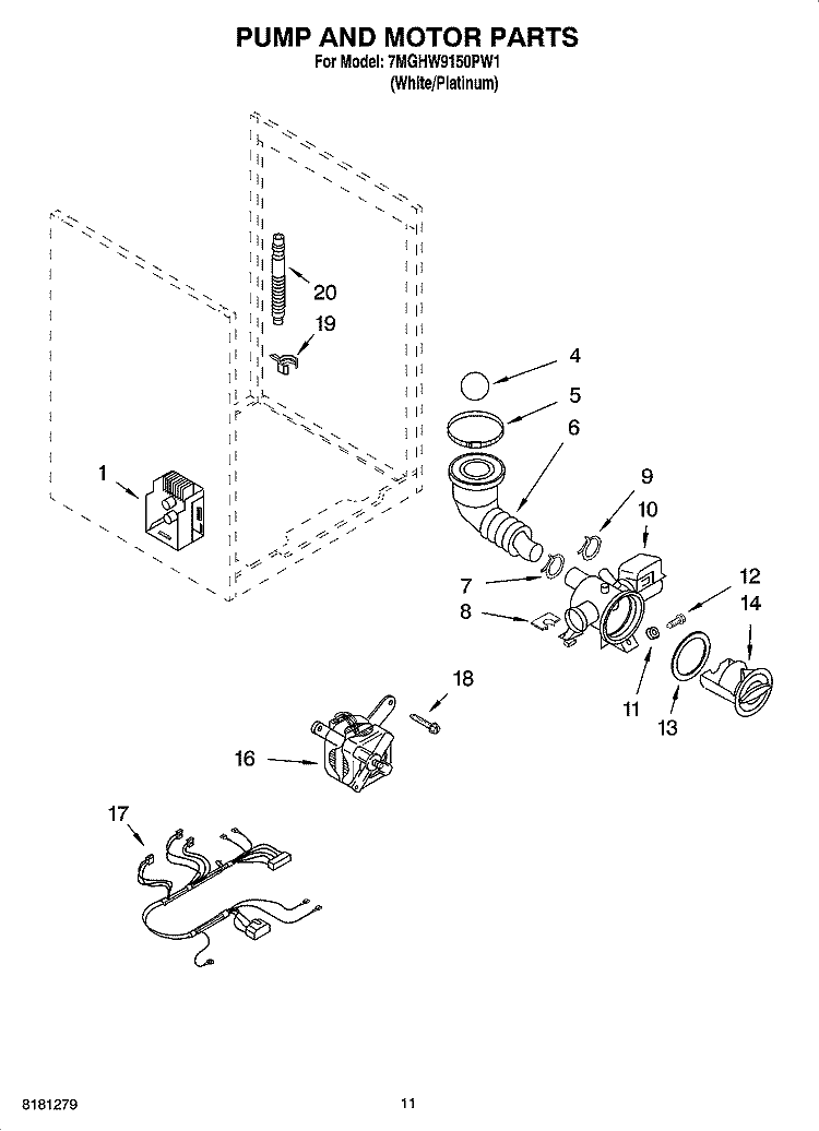 PUMP AND MOTOR PARTS, OPTIONAL PARTS (NOT INCLUDED) Diagram and Parts List for 7MGHW9150PW1  Whirlpool Washer