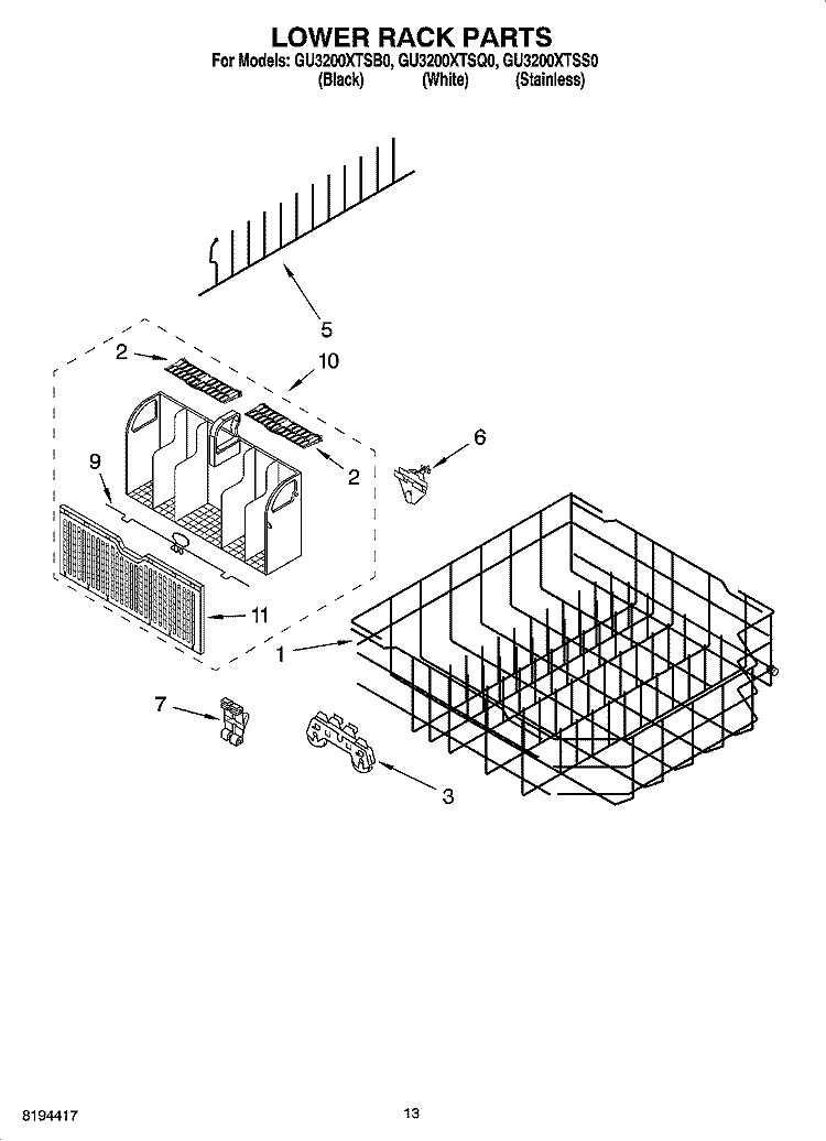 LOWER RACK PARTS, OPTIONAL PARTS (NOT INCLUDED) Diagram and Parts List for GU3200XTSS0  Whirlpool Dishwasher