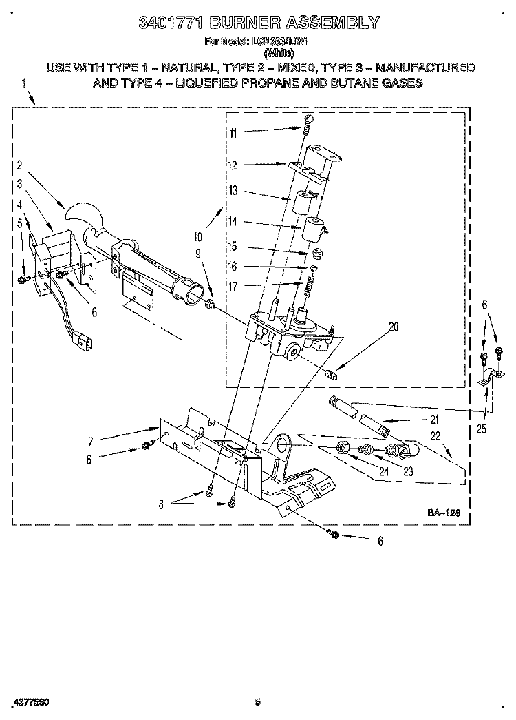 3401771 BURNER ASSEMBLY Diagram and Parts List for LGN3634DW1  Whirlpool Dryer