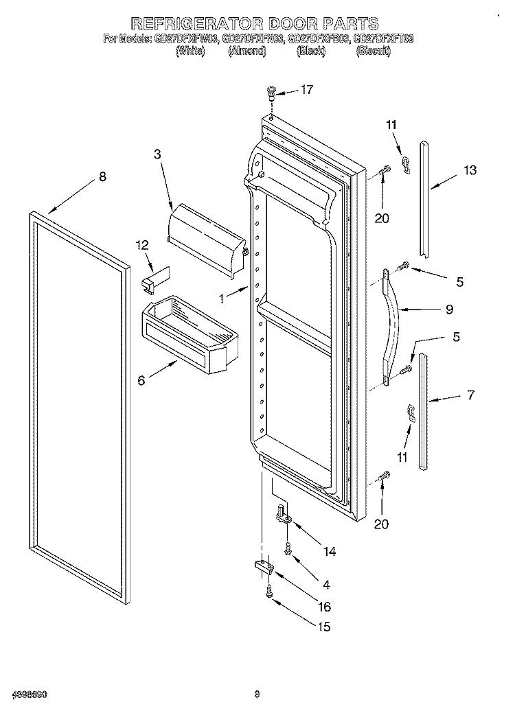 REFRIGERATOR DOOR Diagram and Parts List for GD27DFXFB03  Whirlpool Refrigerator