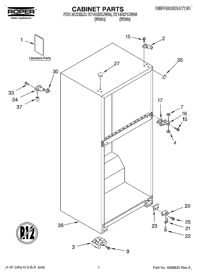 CABINET, LITERATURE Diagram and Parts List for RT14HDYJW00  Roper Refrigerator