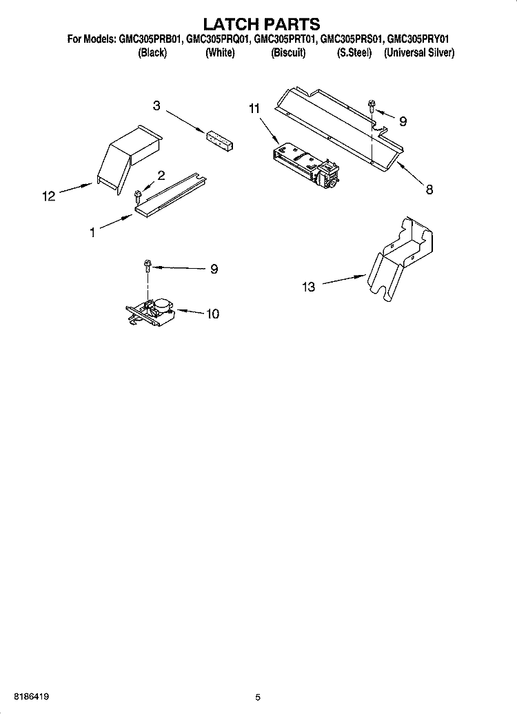 LATCH PARTS Diagram and Parts List for GMC305PRS01  Whirlpool Microwave Oven Combo