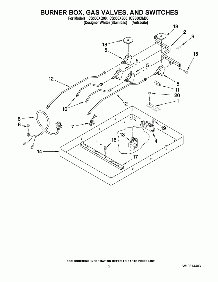 BURNER BOX, GAS VALVES, AND SWITCHES Diagram and Parts List for ICS300XM00  Whirlpool Cooktop