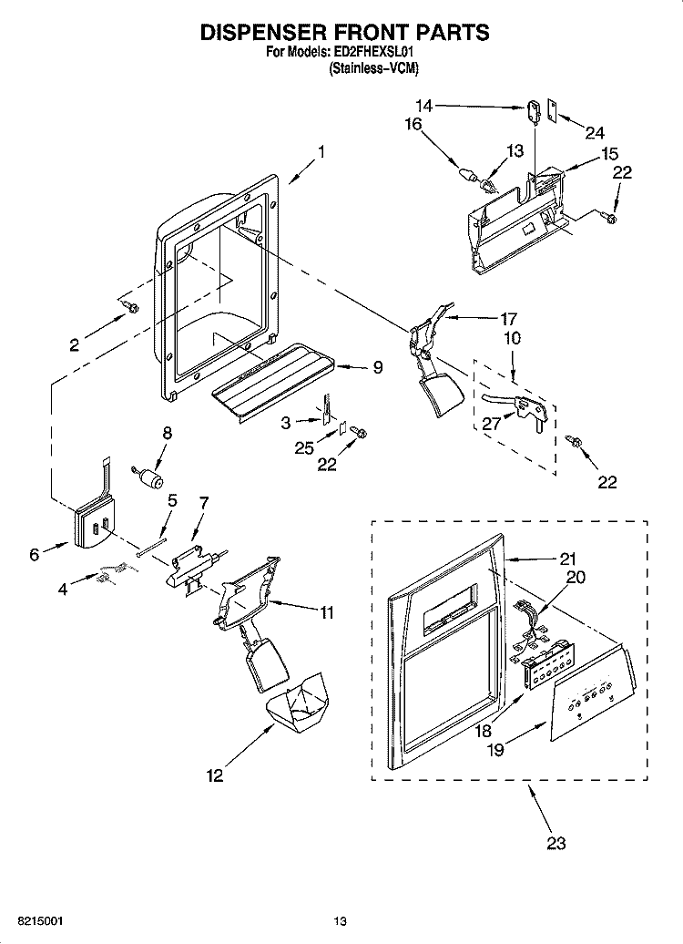DISPENSER FRONT PARTS Diagram and Parts List for ED2FHEXSL01  Whirlpool Refrigerator